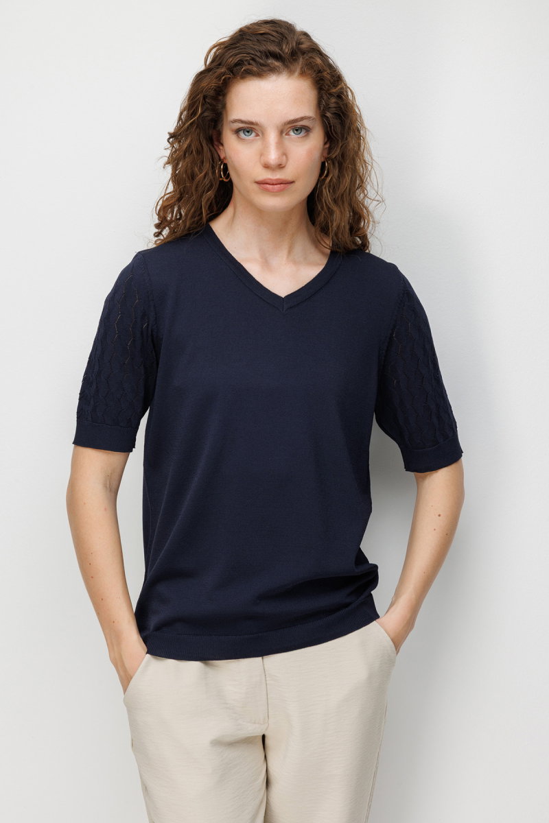 Desen Triko Kadın V Yaka Ajurlu Kısa Kollu İnce Triko Bluz 26352 Koyu Lacivert - Desen Triko