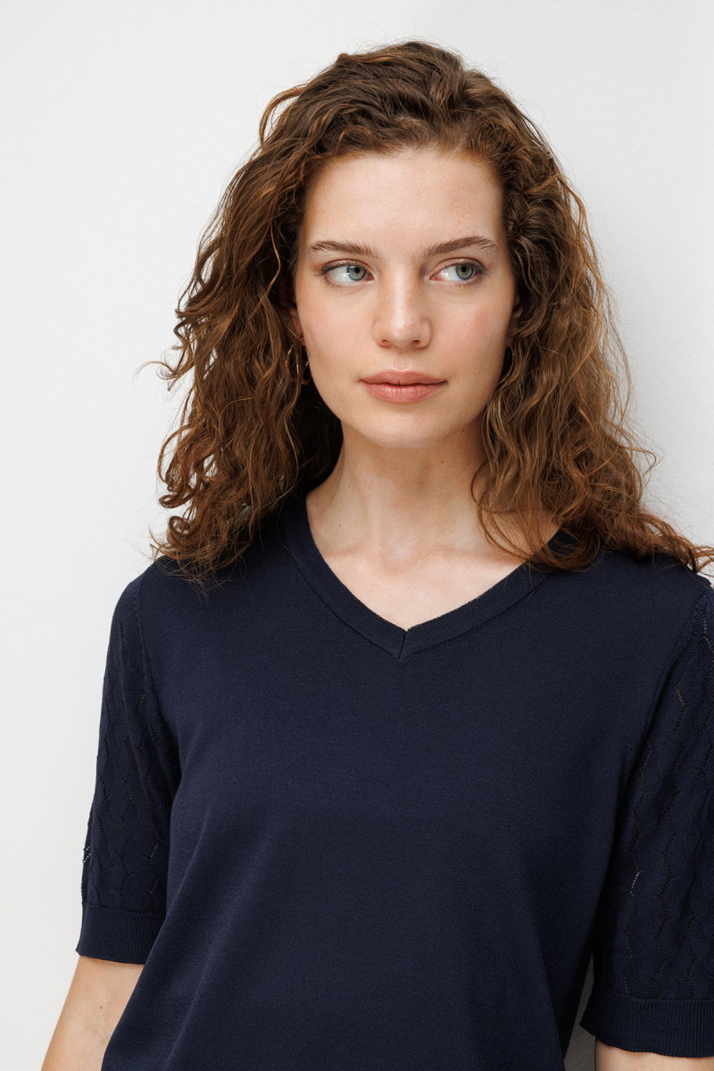 Desen Triko Kadın V Yaka Ajurlu Kısa Kollu İnce Triko Bluz 26352 Koyu Lacivert - 2