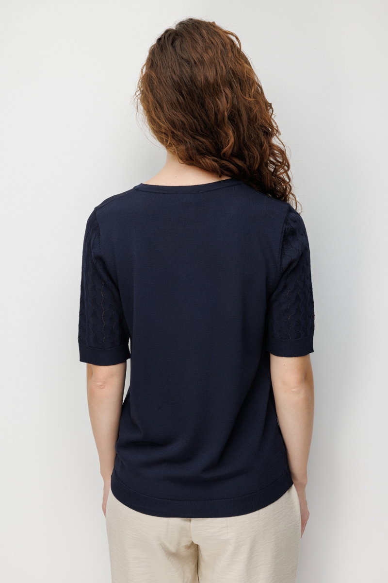 Desen Triko Kadın V Yaka Ajurlu Kısa Kollu İnce Triko Bluz 26352 Koyu Lacivert - 4