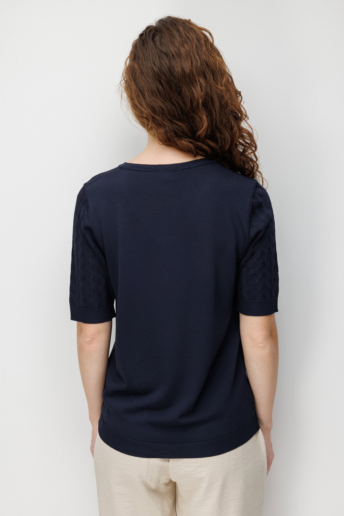 Desen Triko Kadın V Yaka Ajurlu Kısa Kollu İnce Triko Bluz 26352 Koyu Lacivert - 4