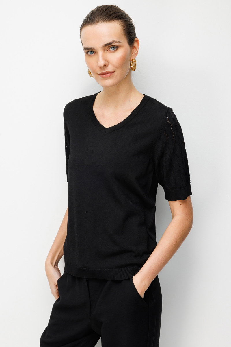 Desen Triko Kadın V Yaka Ajurlu Kısa Kollu İnce Triko Bluz 26352 Siyah - Desen Triko