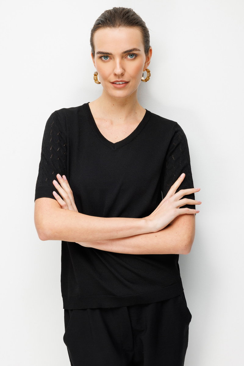 Desen Triko Kadın V Yaka Ajurlu Kısa Kollu İnce Triko Bluz 26352 Siyah - 3