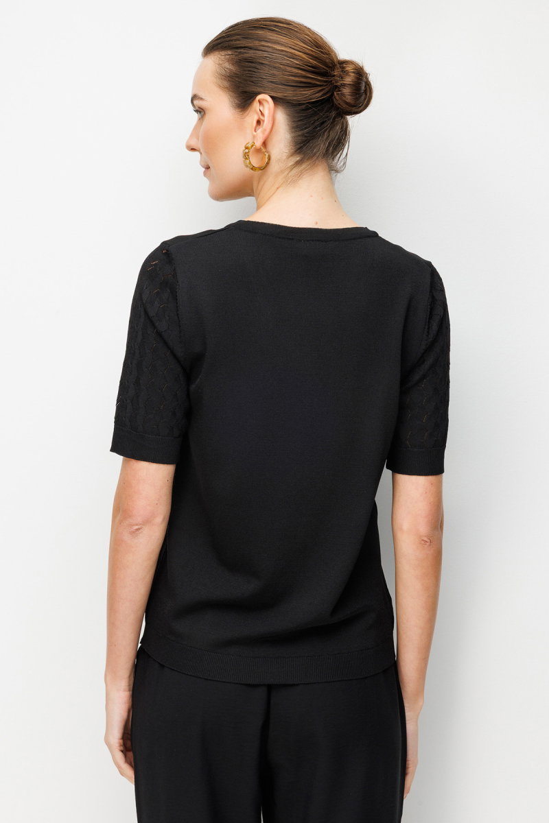 Desen Triko Kadın V Yaka Ajurlu Kısa Kollu İnce Triko Bluz 26352 Siyah - 4