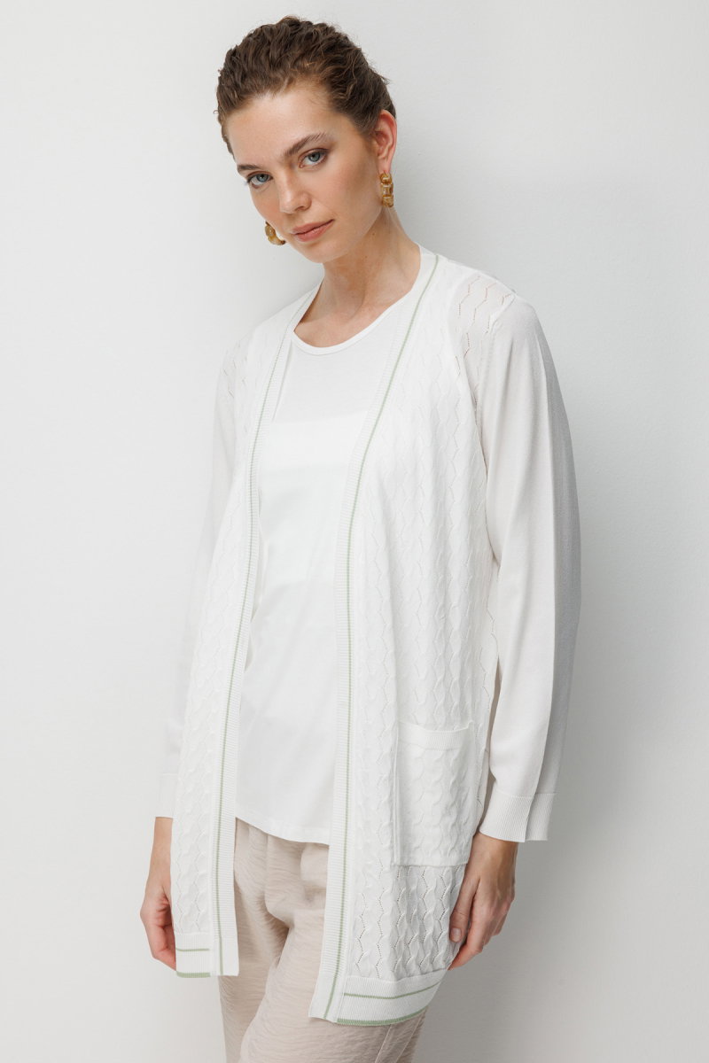 Desen Triko Kadın V Yaka Ajurlu Önü Açık İnce Triko Hırka 26357 Kemik - Desen Triko