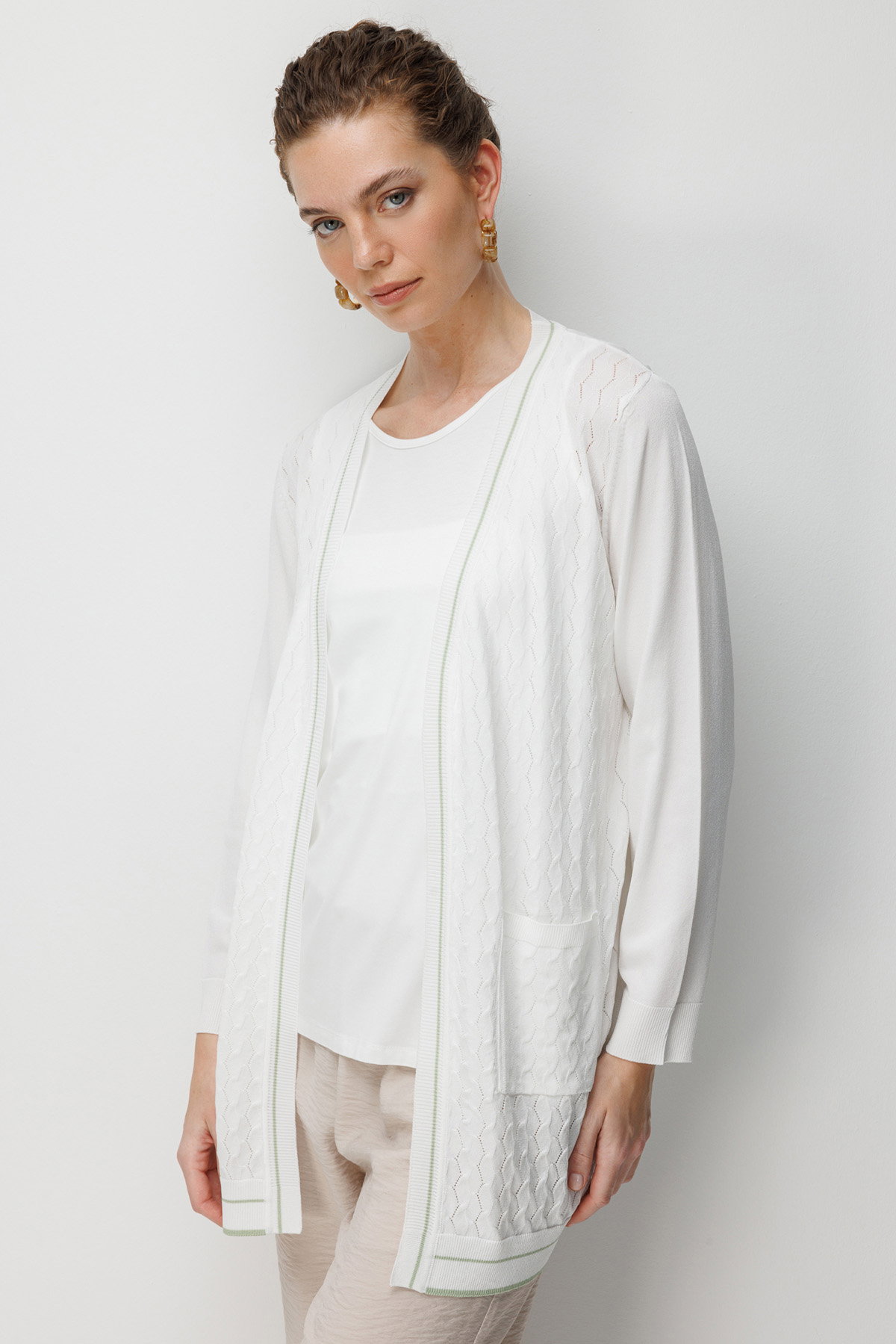 Desen Triko Kadın V Yaka Ajurlu Önü Açık İnce Triko Hırka 26357 Kemik - 1