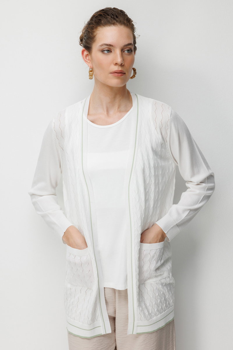 Desen Triko Kadın V Yaka Ajurlu Önü Açık İnce Triko Hırka 26357 Kemik - 2