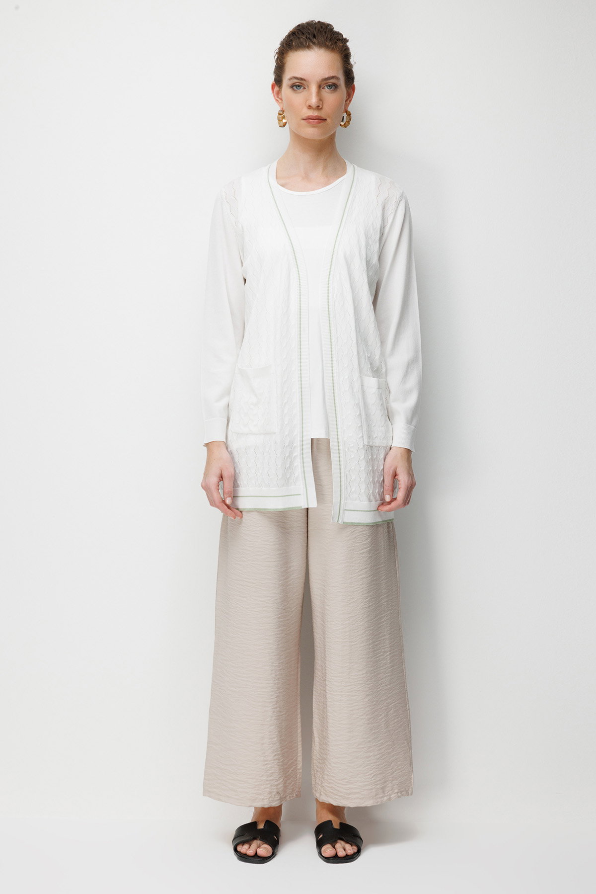 Desen Triko Kadın V Yaka Ajurlu Önü Açık İnce Triko Hırka 26357 Kemik - 3