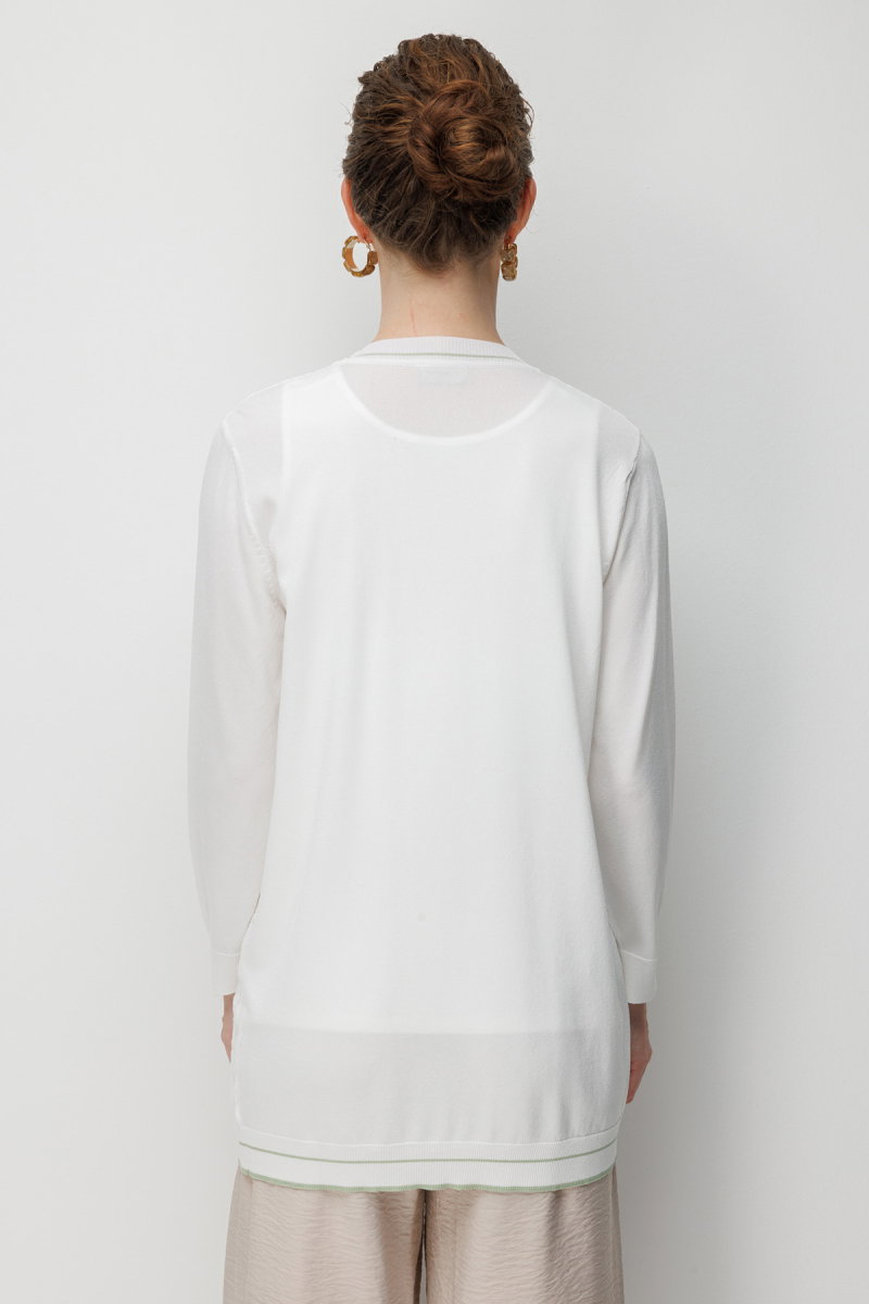 Desen Triko Kadın V Yaka Ajurlu Önü Açık İnce Triko Hırka 26357 Kemik - 4