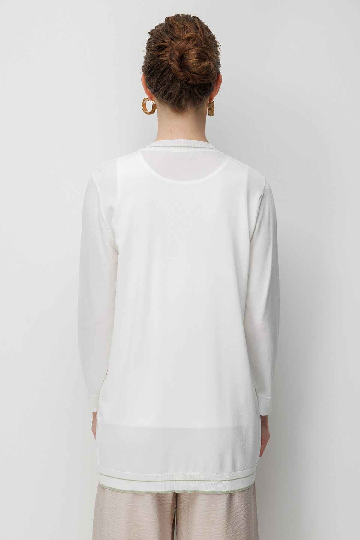 Desen Triko Kadın V Yaka Ajurlu Önü Açık İnce Triko Hırka 26357 Kemik - 4