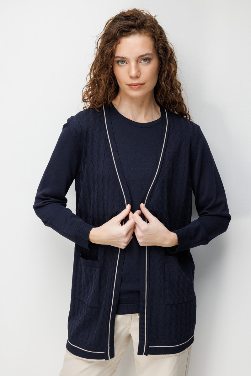 Desen Triko Kadın V Yaka Ajurlu Önü Açık İnce Triko Hırka 26357 Lacivert - 3