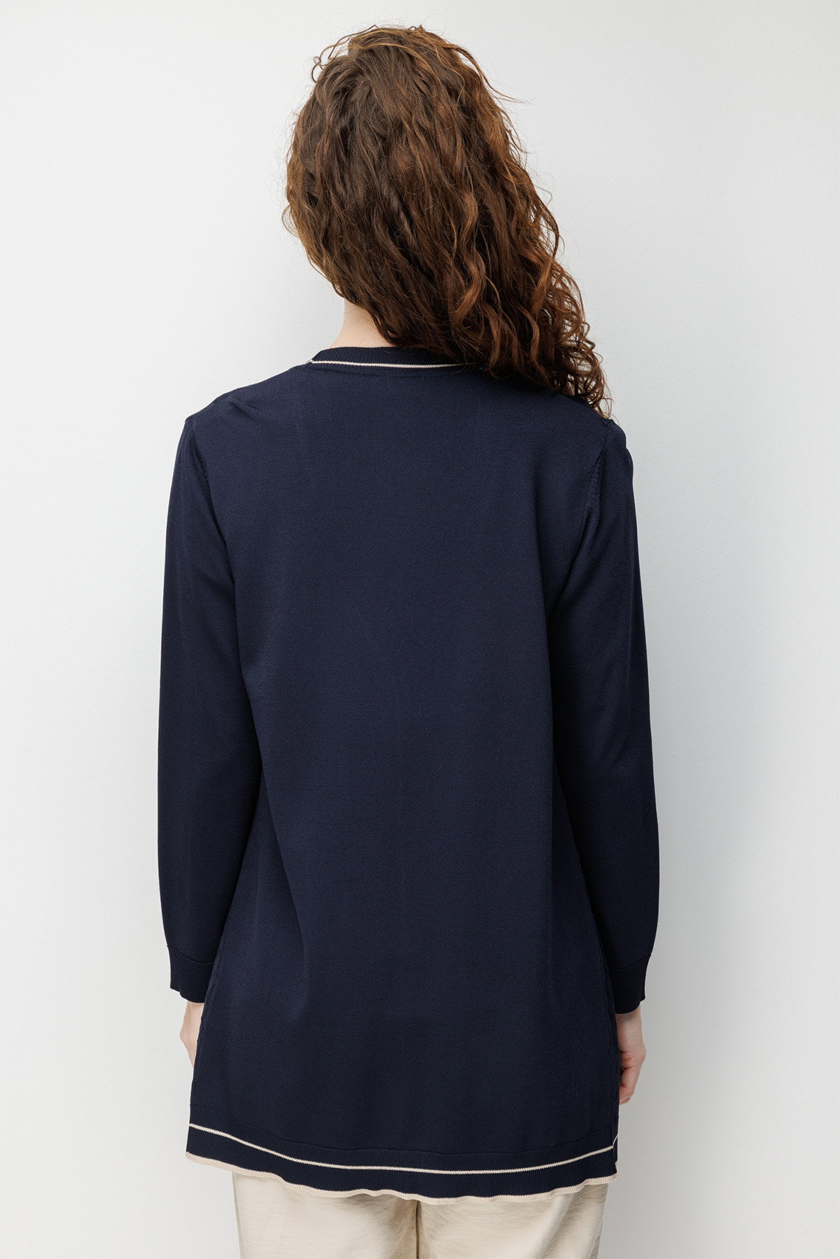 Desen Triko Kadın V Yaka Ajurlu Önü Açık İnce Triko Hırka 26357 Lacivert - 4