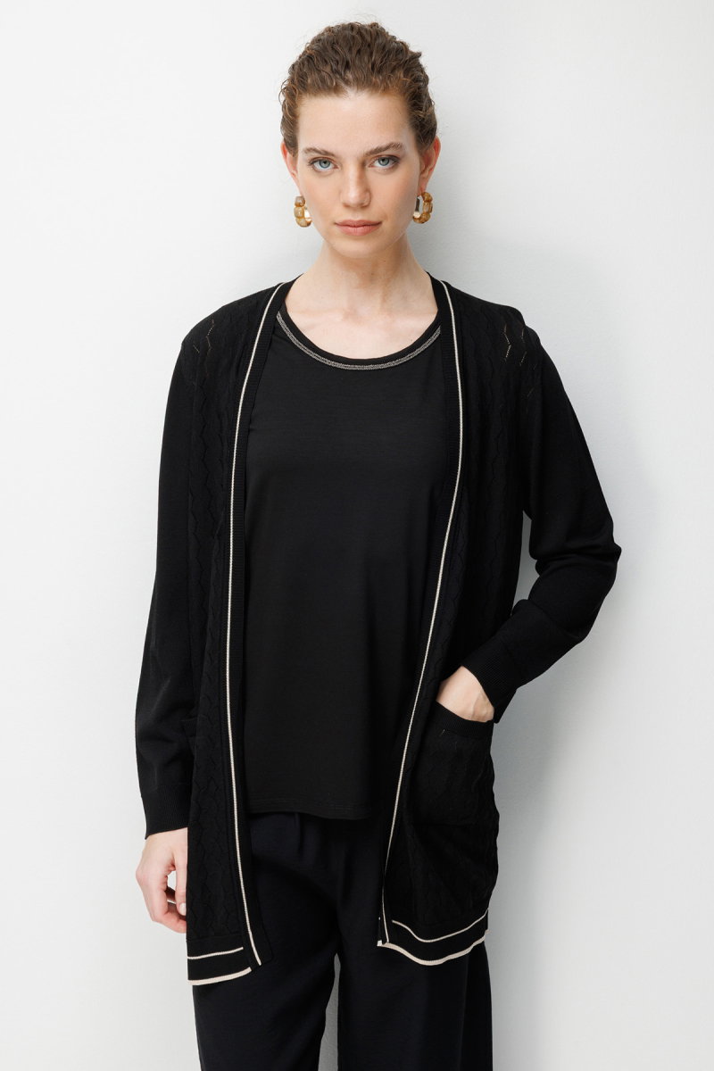 Desen Triko Kadın V Yaka Ajurlu Önü Açık İnce Triko Hırka 26357 Siyah - Desen Triko