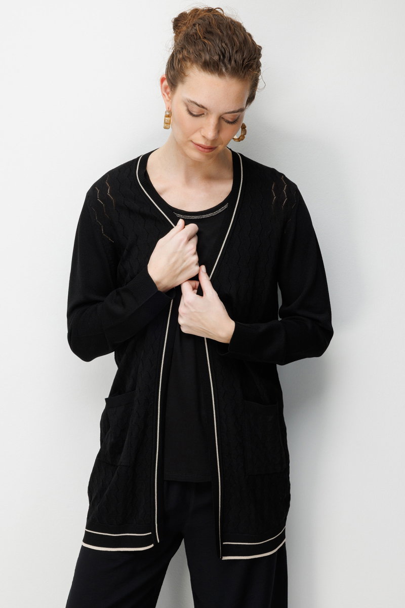 Desen Triko Kadın V Yaka Ajurlu Önü Açık İnce Triko Hırka 26357 Siyah - 2