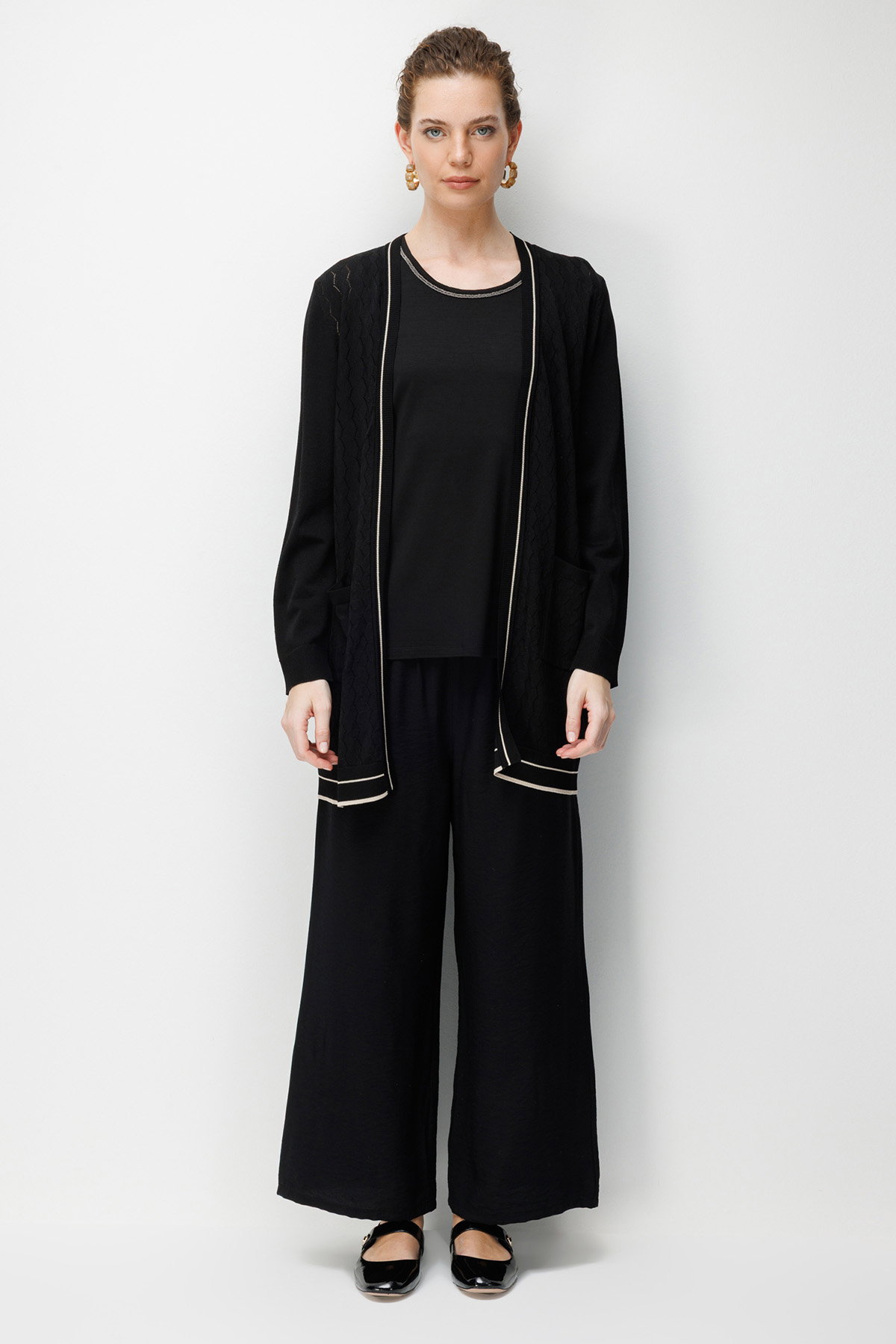 Desen Triko Kadın V Yaka Ajurlu Önü Açık İnce Triko Hırka 26357 Siyah - 3