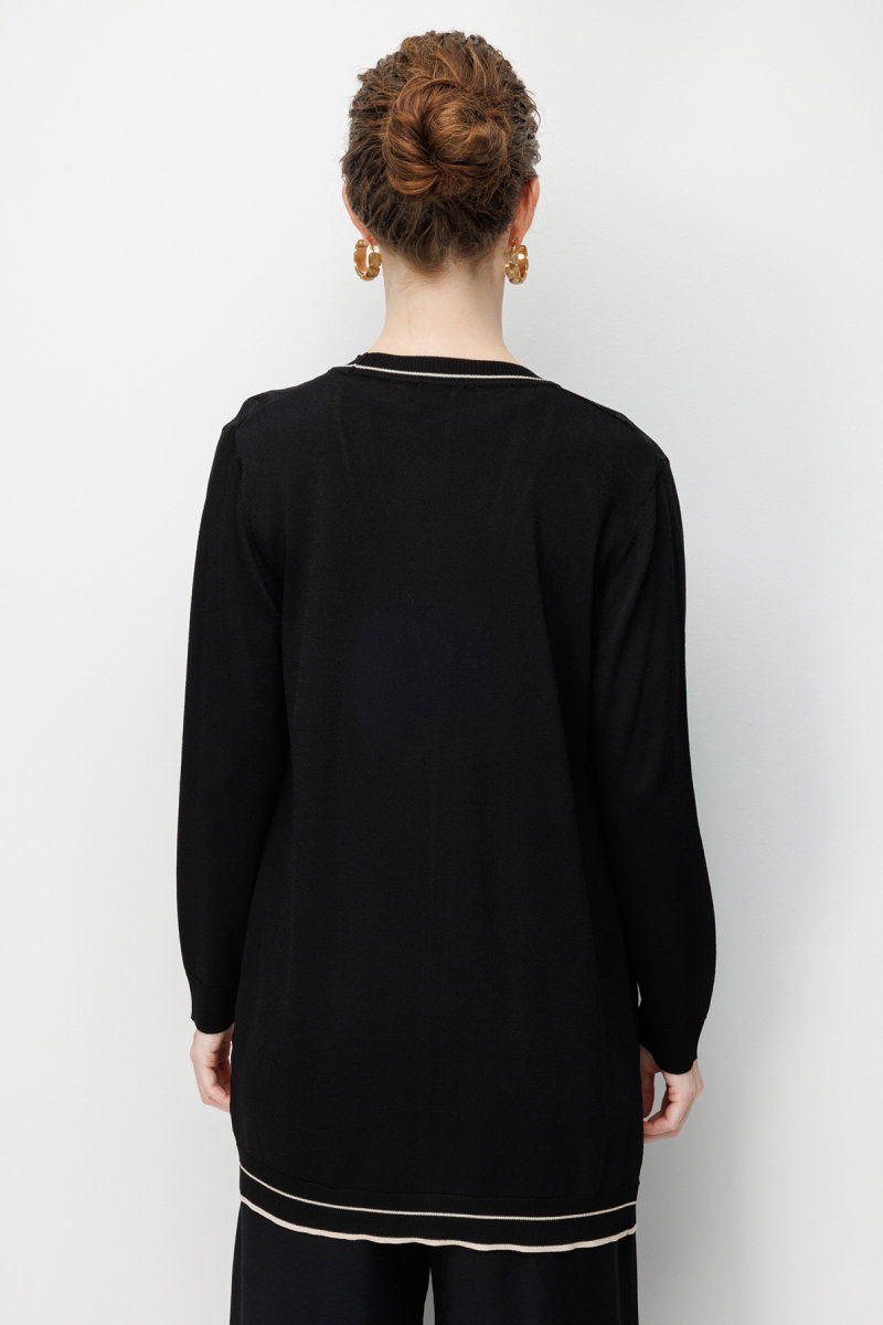 Desen Triko Kadın V Yaka Ajurlu Önü Açık İnce Triko Hırka 26357 Siyah - 4