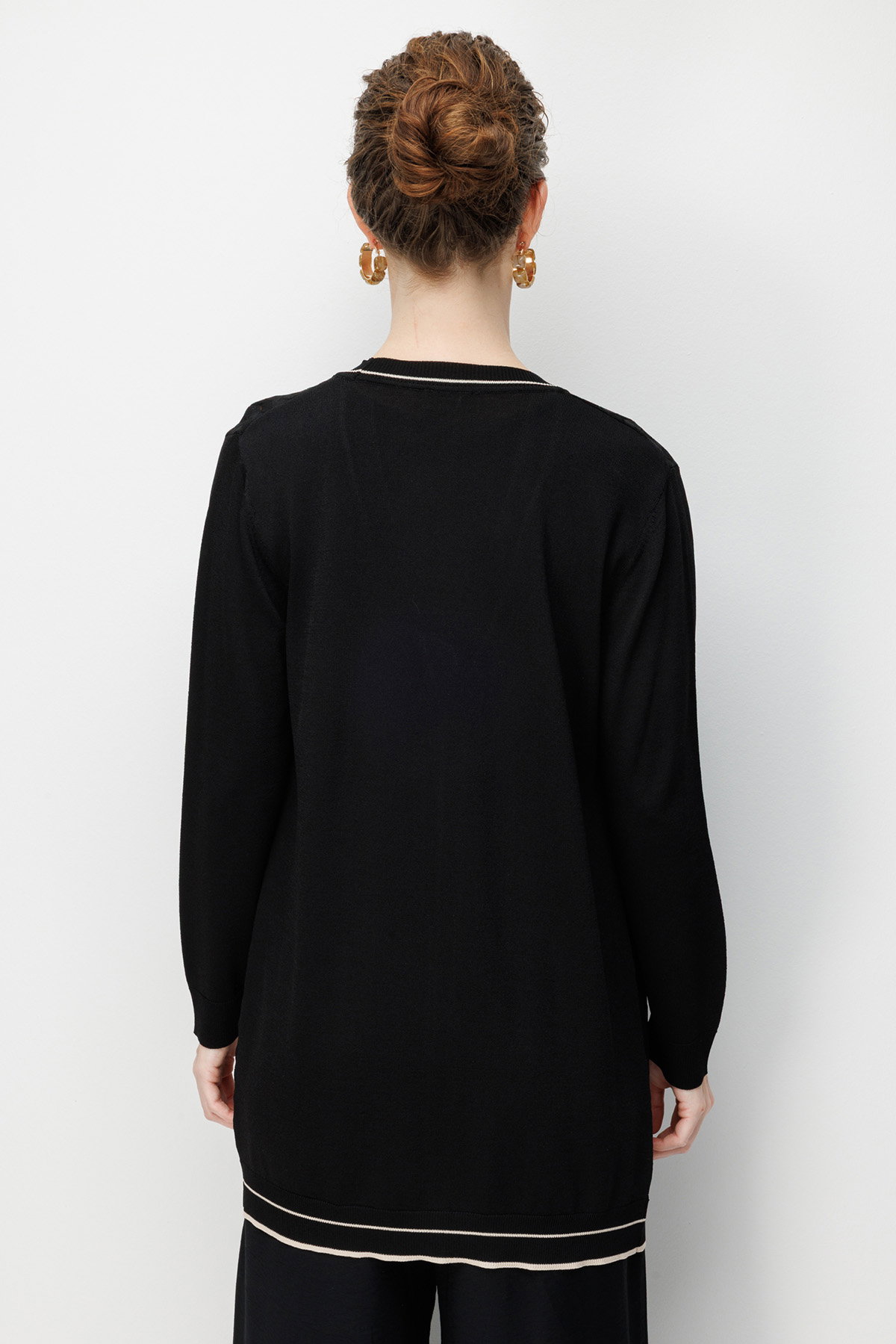 Desen Triko Kadın V Yaka Ajurlu Önü Açık İnce Triko Hırka 26357 Siyah - 4