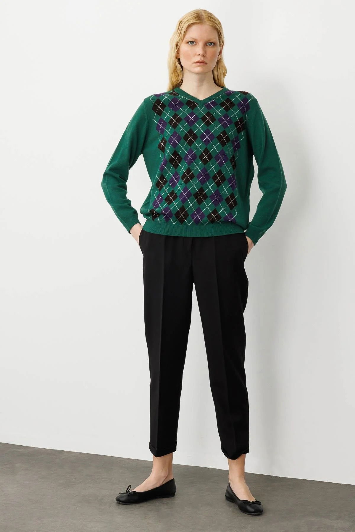 Desen Triko Kadın V Yaka Baklavalı Yün Kazak 24034 Ö. Başı - 2