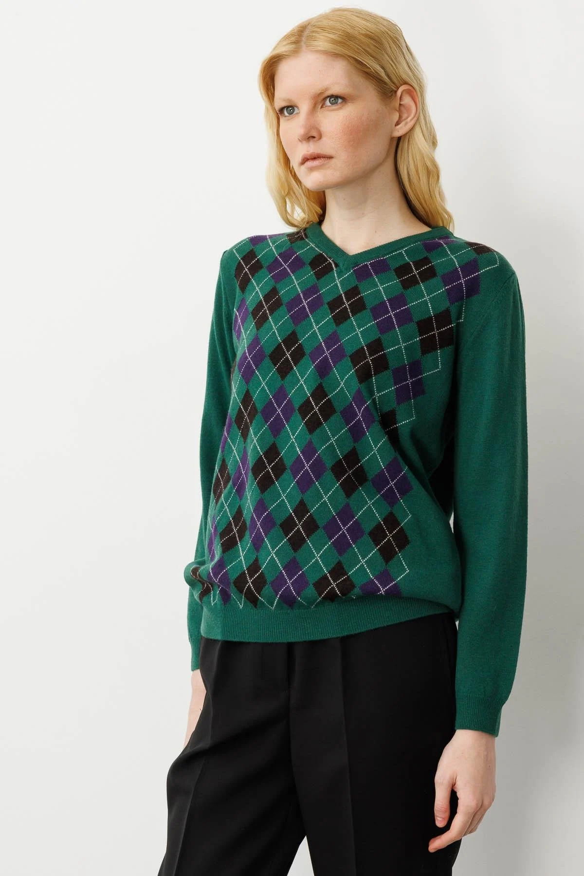 Desen Triko Kadın V Yaka Baklavalı Yün Kazak 24034 Ö. Başı - 3