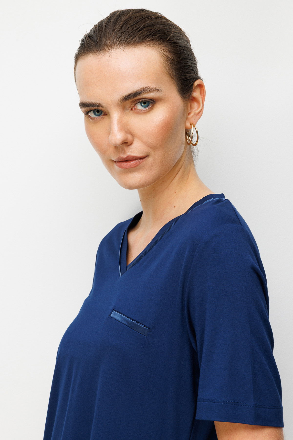 Desen Triko Kadın V Yaka Cebi Saten Şeritli Penye T-Shirt 26828 Lacivert - 2