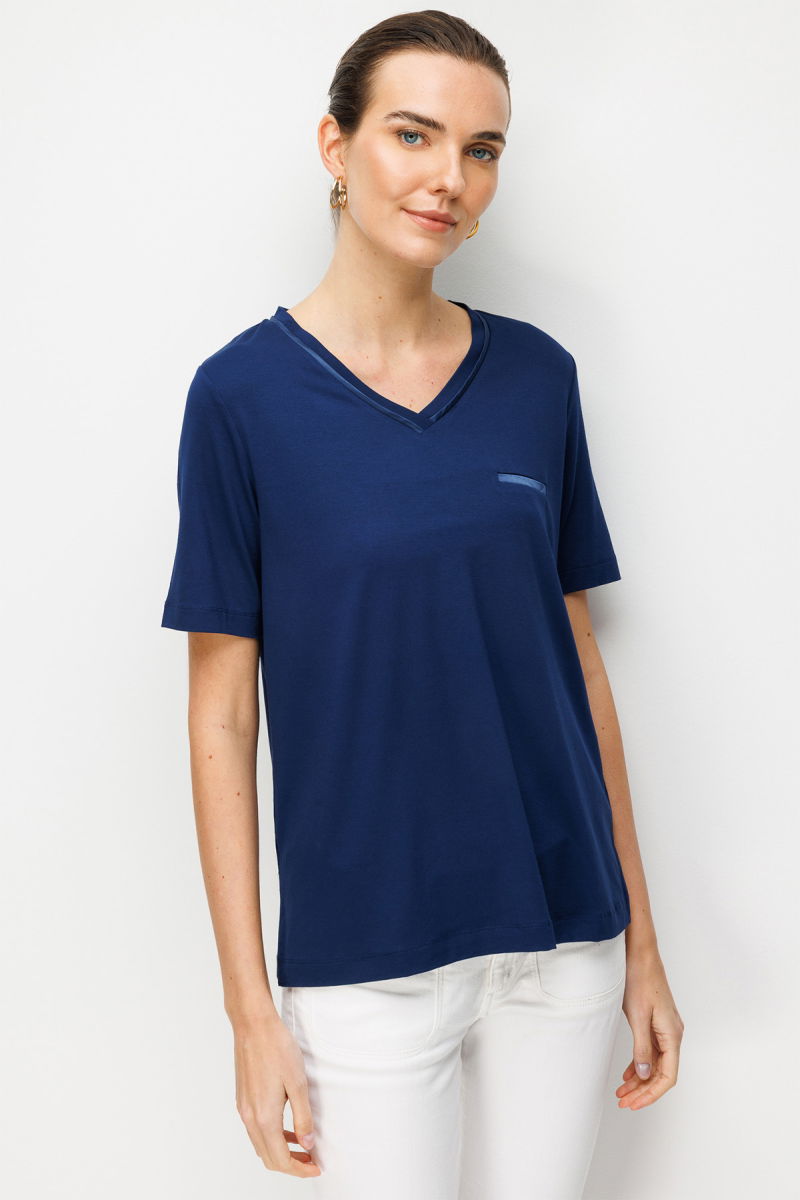 Desen Triko Kadın V Yaka Cebi Saten Şeritli Penye T-Shirt 26828 Lacivert - 3