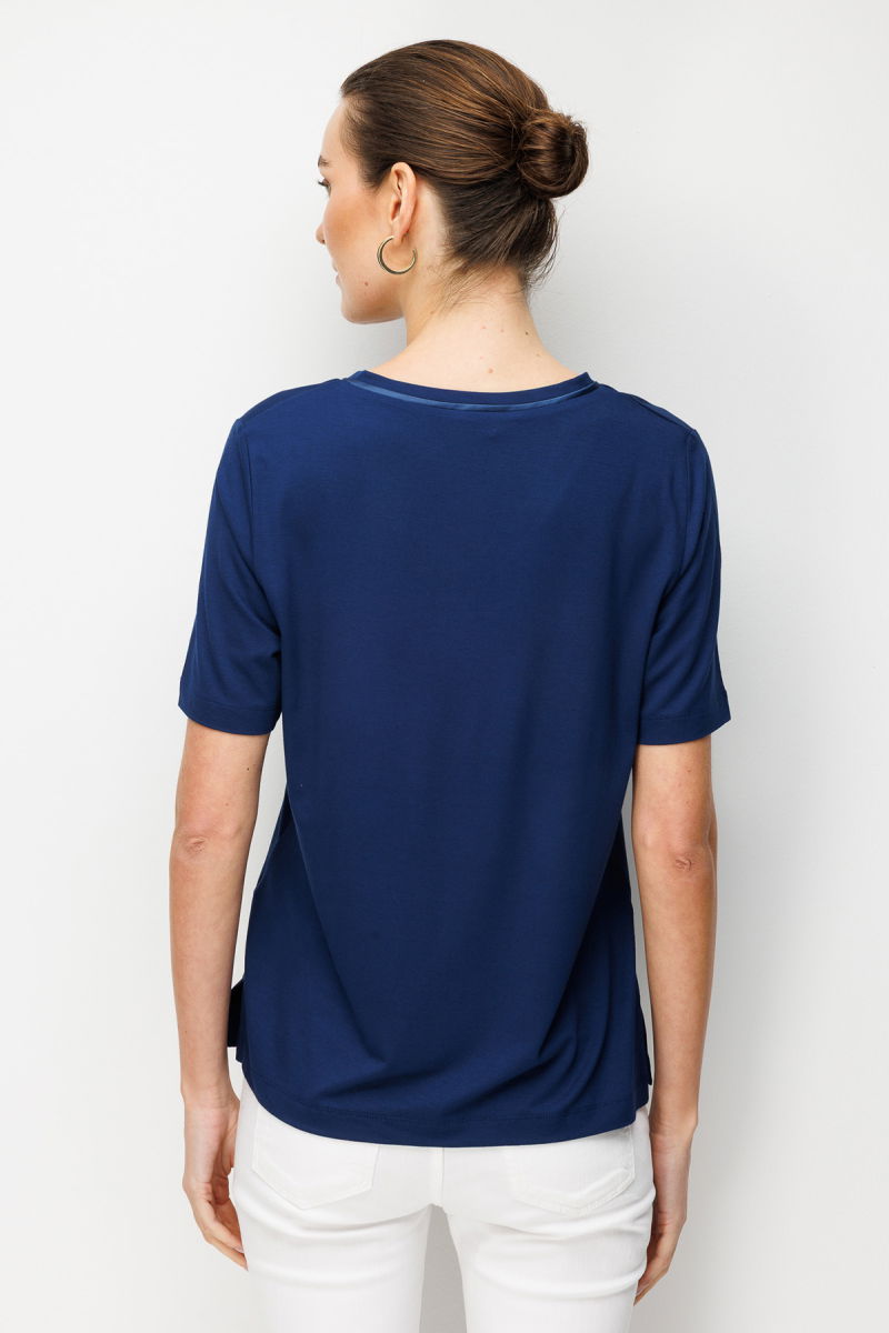 Desen Triko Kadın V Yaka Cebi Saten Şeritli Penye T-Shirt 26828 Lacivert - 4