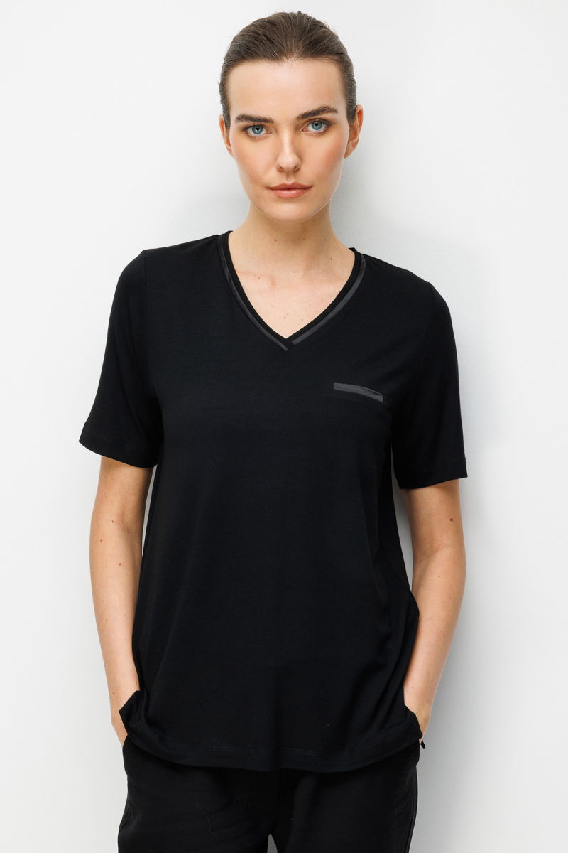 Desen Triko Kadın V Yaka Cebi Saten Şeritli Penye T-Shirt 26828 Siyah - 2