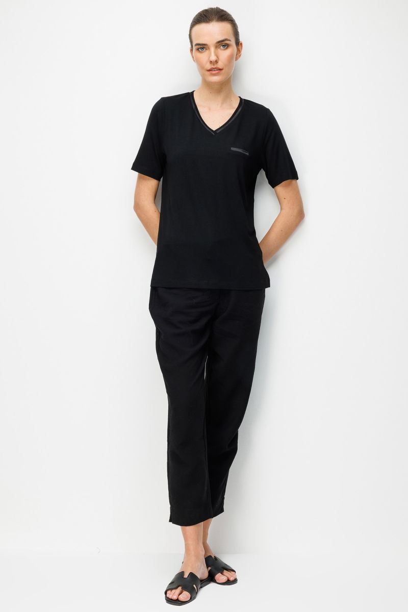 Desen Triko Kadın V Yaka Cebi Saten Şeritli Penye T-Shirt 26828 Siyah - 3