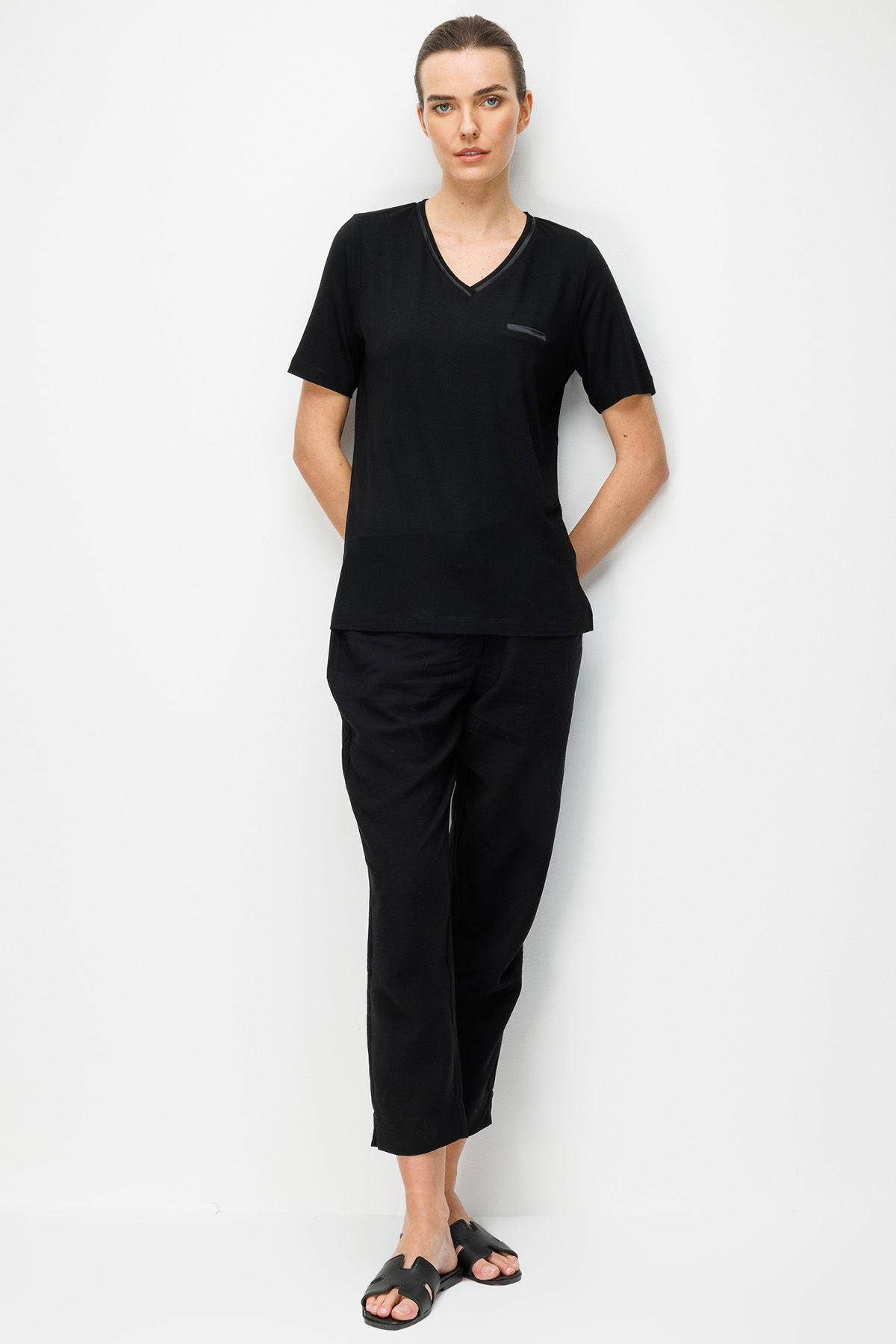 Desen Triko Kadın V Yaka Cebi Saten Şeritli Penye T-Shirt 26828 Siyah - 3