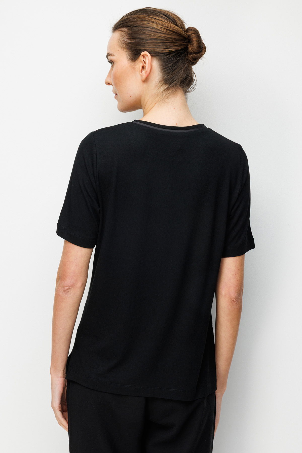 Desen Triko Kadın V Yaka Cebi Saten Şeritli Penye T-Shirt 26828 Siyah - 4