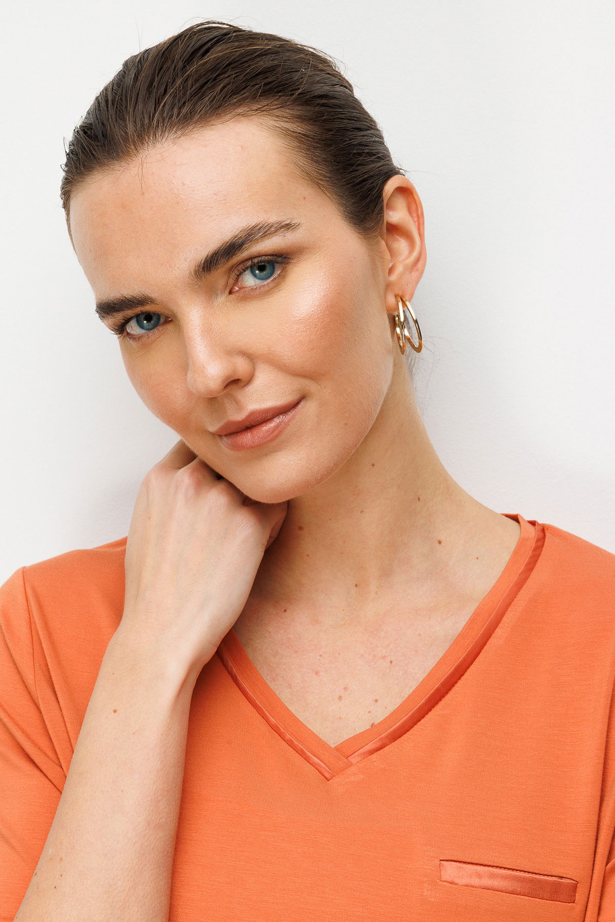 Desen Triko Kadın V Yaka Cebi Saten Şeritli Penye T-Shirt 26828 Somon - 2