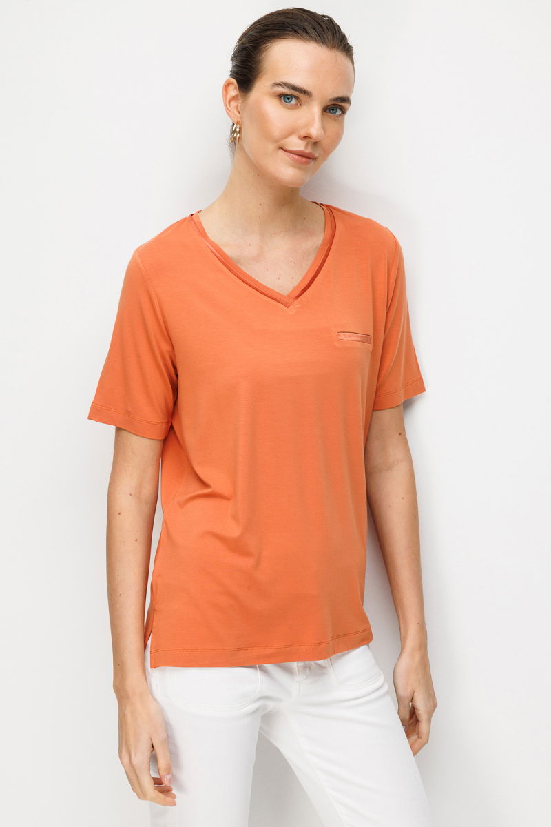 Desen Triko Kadın V Yaka Cebi Saten Şeritli Penye T-Shirt 26828 Somon - 3