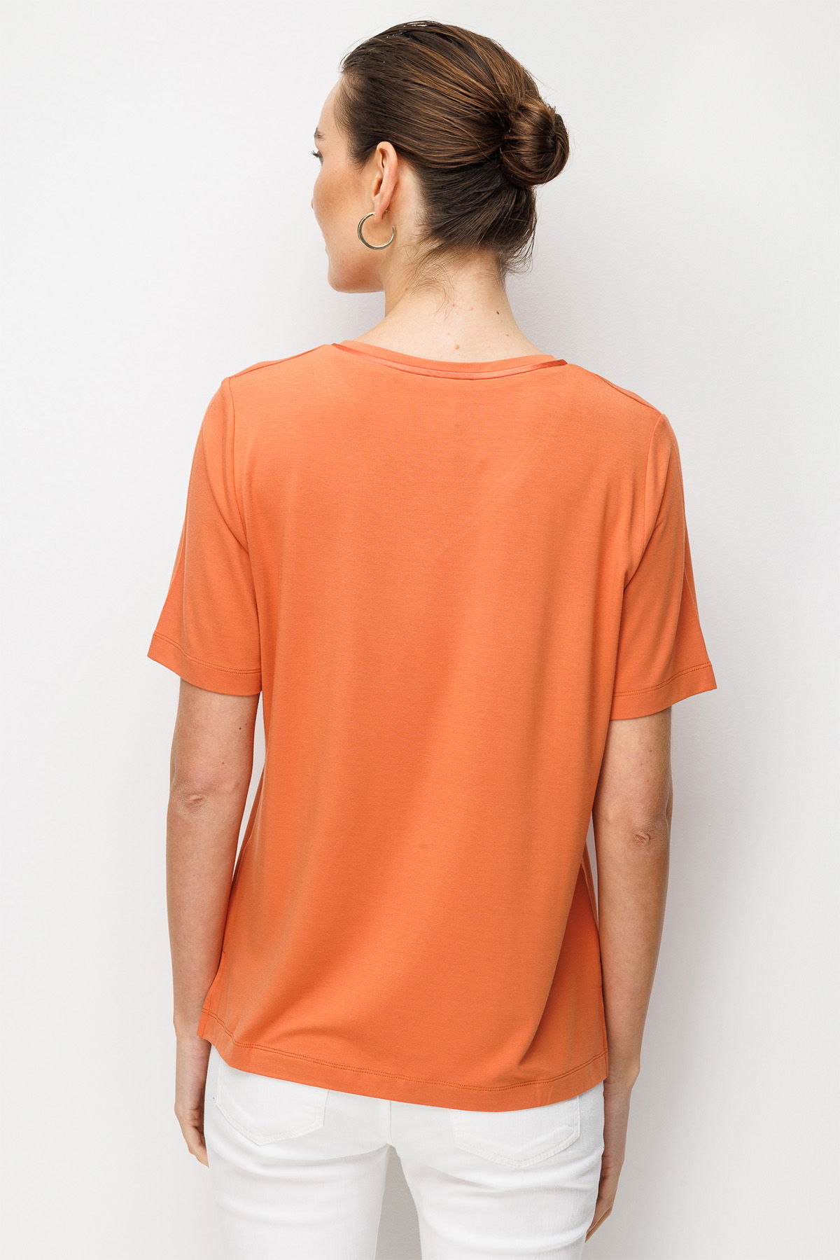 Desen Triko Kadın V Yaka Cebi Saten Şeritli Penye T-Shirt 26828 Somon - 4