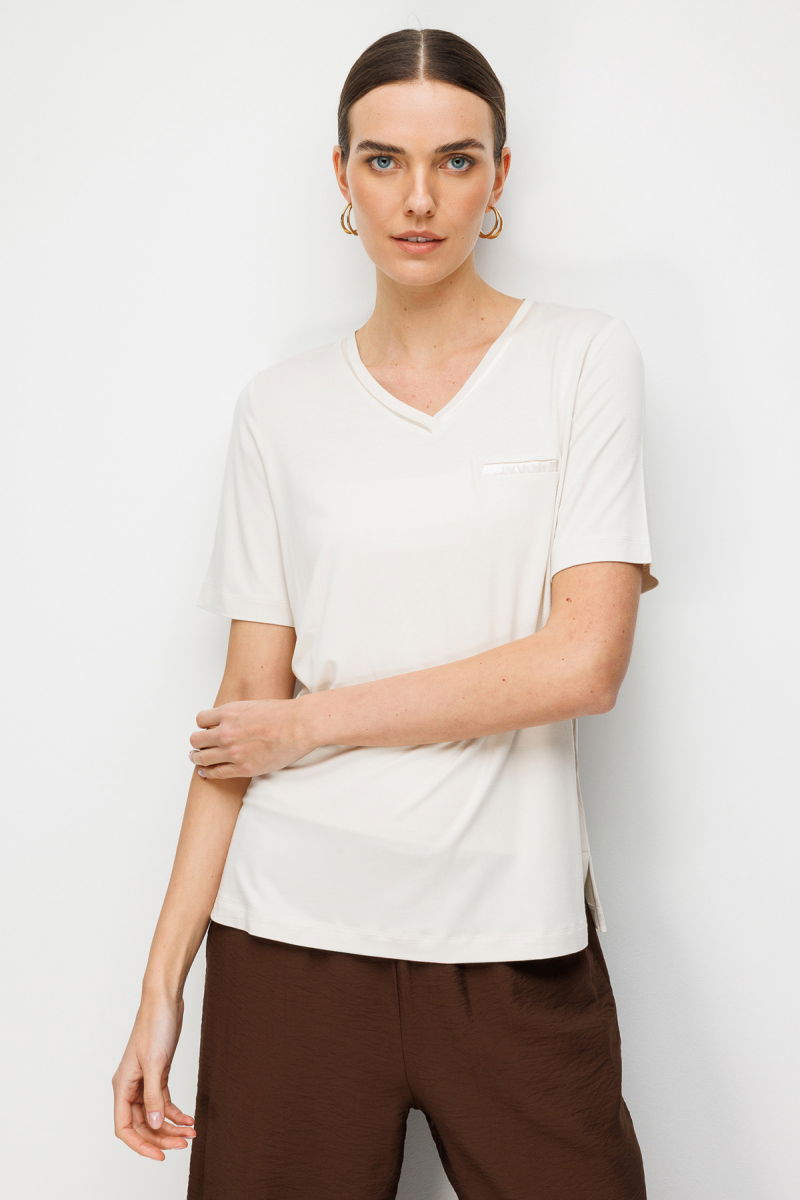 Desen Triko Kadın V Yaka Cebi Saten Şeritli Penye T-Shirt 26828 Taş - Desen Triko