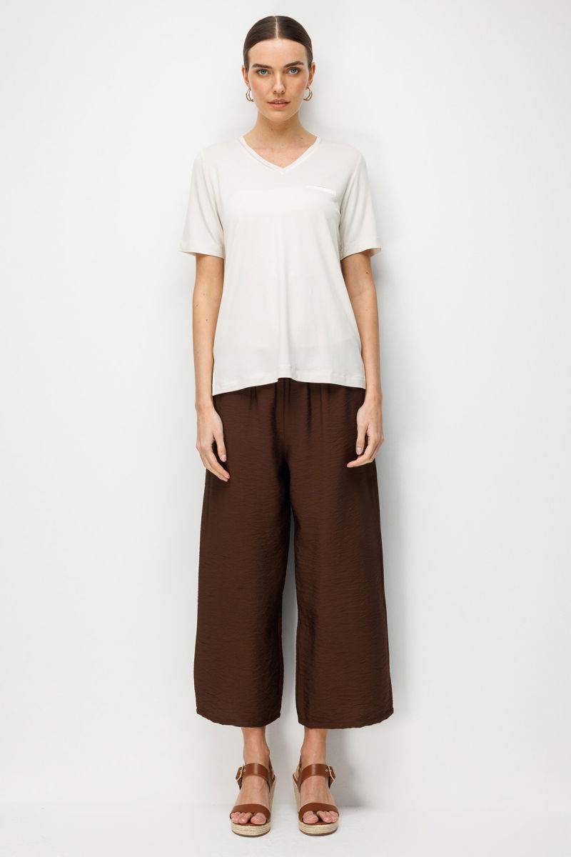 Desen Triko Kadın V Yaka Cebi Saten Şeritli Penye T-Shirt 26828 Taş - 2