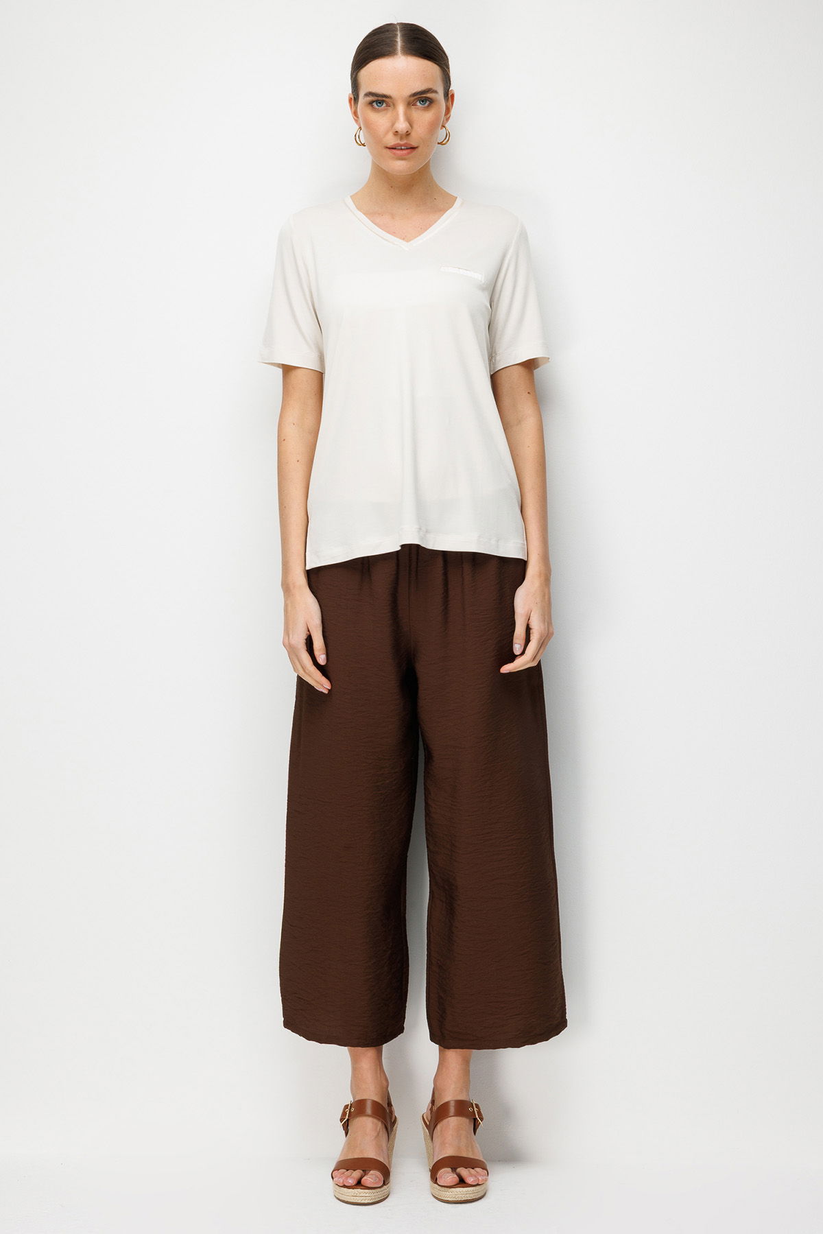 Desen Triko Kadın V Yaka Cebi Saten Şeritli Penye T-Shirt 26828 Taş - 2