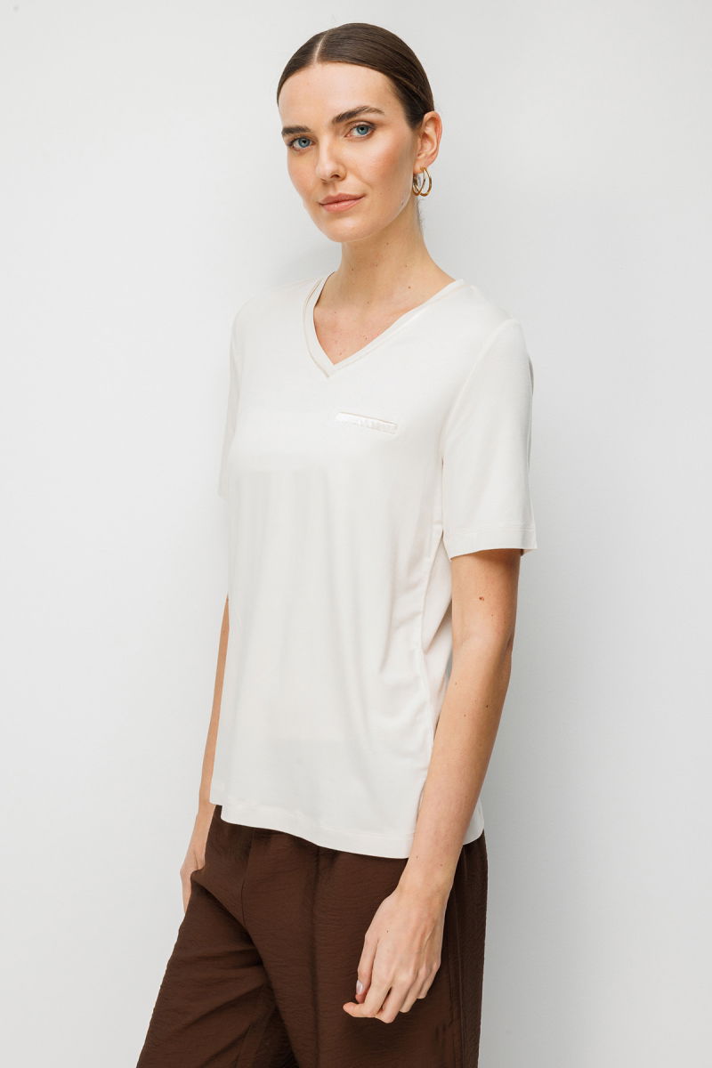 Desen Triko Kadın V Yaka Cebi Saten Şeritli Penye T-Shirt 26828 Taş - 3