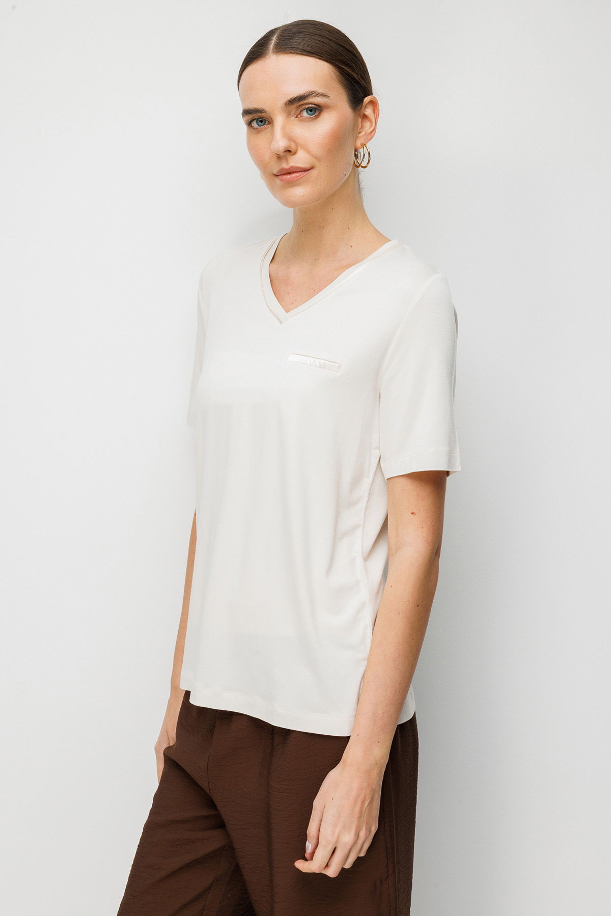 Desen Triko Kadın V Yaka Cebi Saten Şeritli Penye T-Shirt 26828 Taş - 3