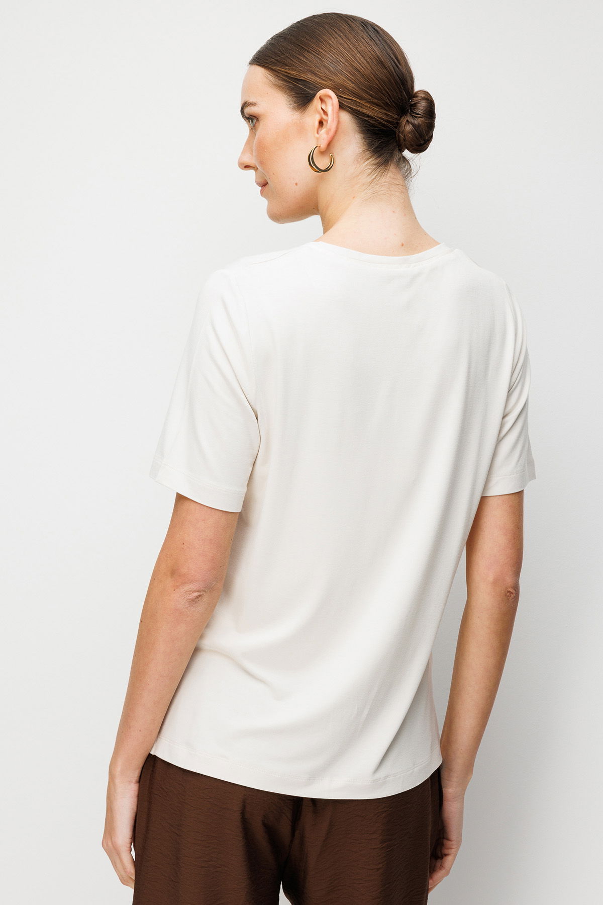 Desen Triko Kadın V Yaka Cebi Saten Şeritli Penye T-Shirt 26828 Taş - 4