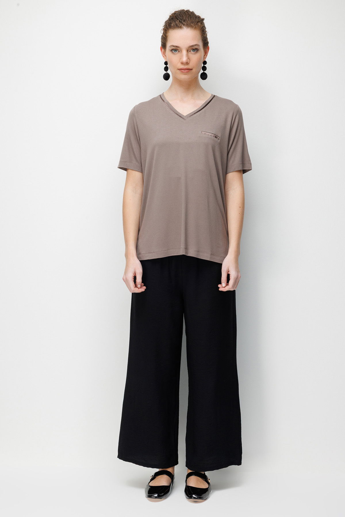 Desen Triko Kadın V Yaka Cebi Saten Şeritli Penye T-Shirt 26828 Vizon - 2