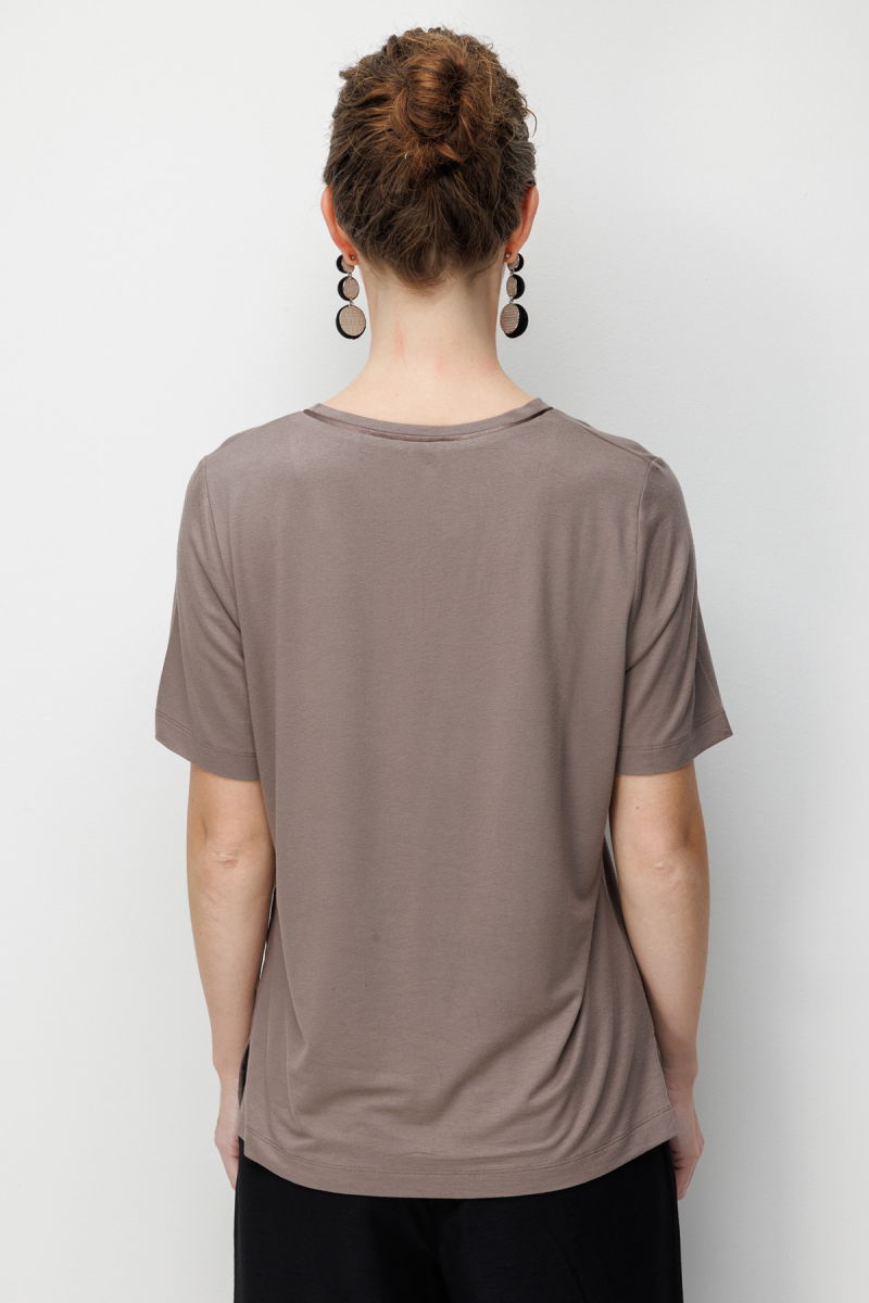 Desen Triko Kadın V Yaka Cebi Saten Şeritli Penye T-Shirt 26828 Vizon - 4