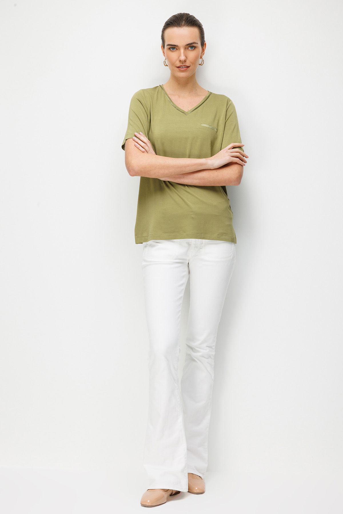 Desen Triko Kadın V Yaka Cebi Saten Şeritli Penye T-Shirt 26828 Yeşil - 2