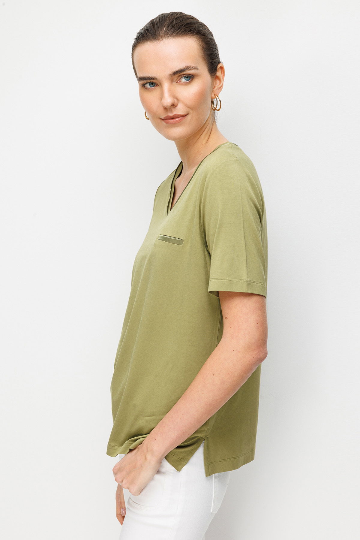 Desen Triko Kadın V Yaka Cebi Saten Şeritli Penye T-Shirt 26828 Yeşil - 3