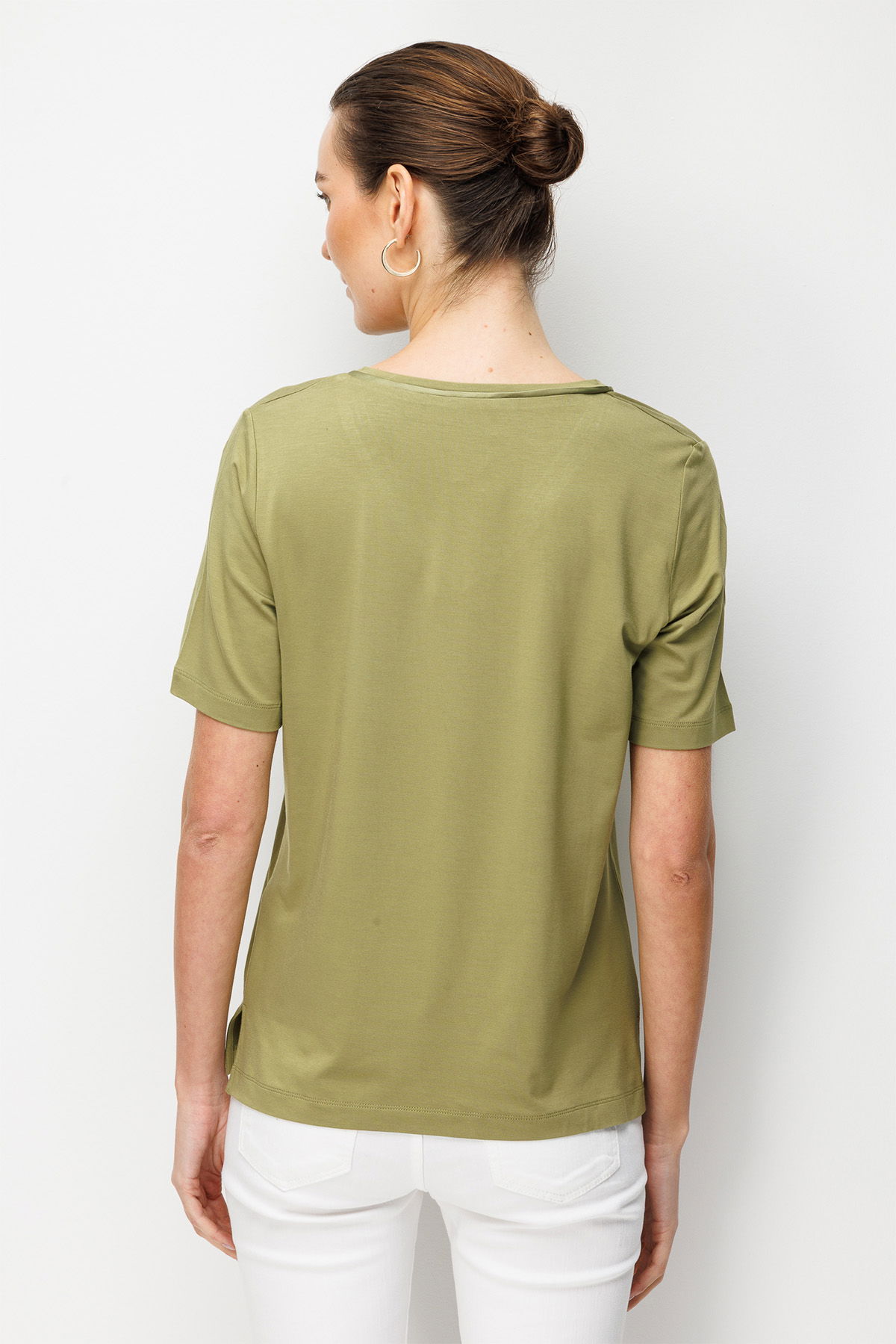 Desen Triko Kadın V Yaka Cebi Saten Şeritli Penye T-Shirt 26828 Yeşil - 4