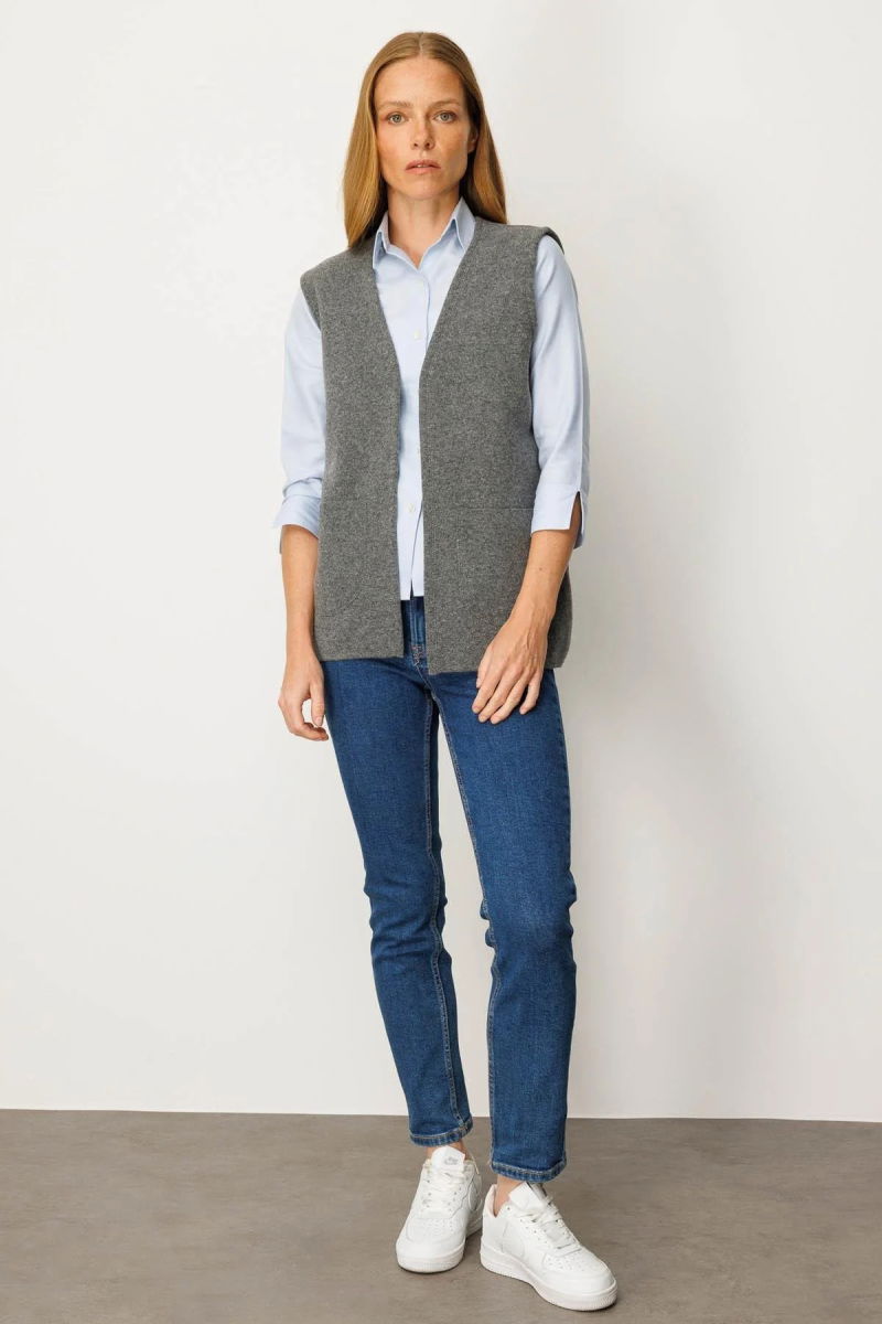 Desen Triko Kadın V Yaka Çelik Örgü Yün Anne Yelek 25044 Füme - 2