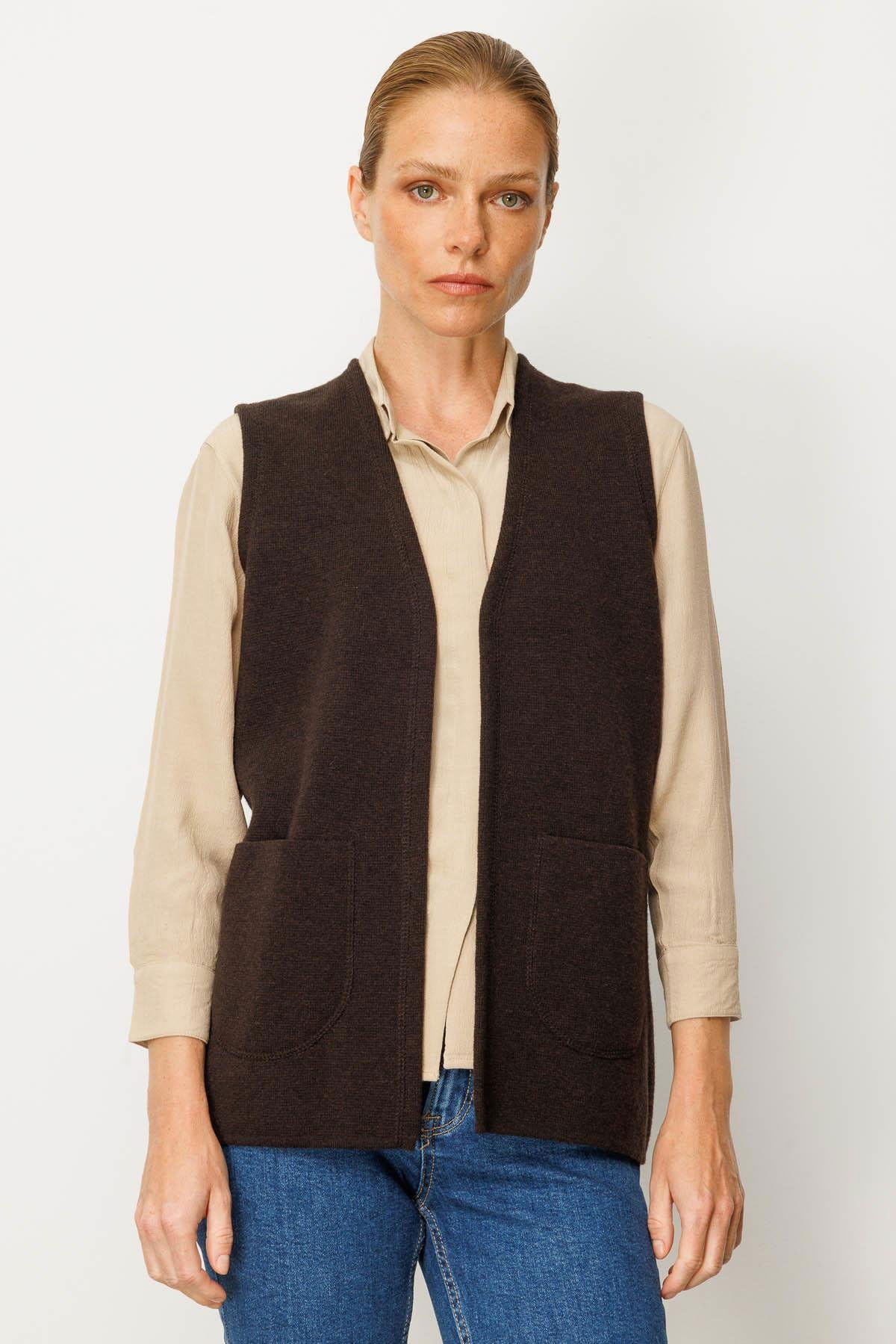 Desen Triko Kadın V Yaka Çelik Örgü Yün Anne Yelek 25044 Koyu Kahve - 1