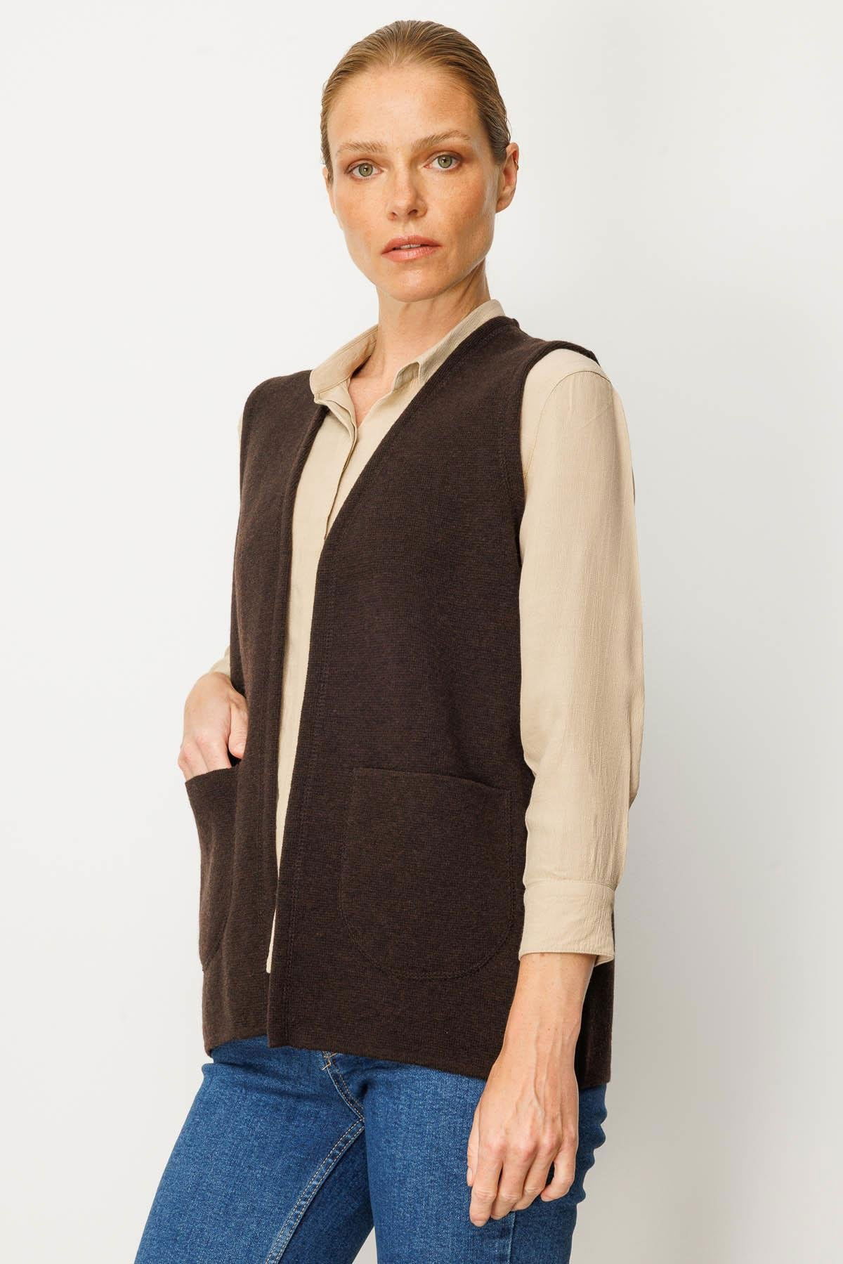 Desen Triko Kadın V Yaka Çelik Örgü Yün Anne Yelek 25044 Koyu Kahve - 2