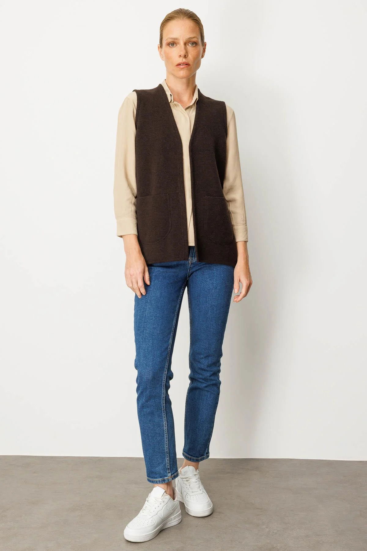 Desen Triko Kadın V Yaka Çelik Örgü Yün Anne Yelek 25044 Koyu Kahve - 3