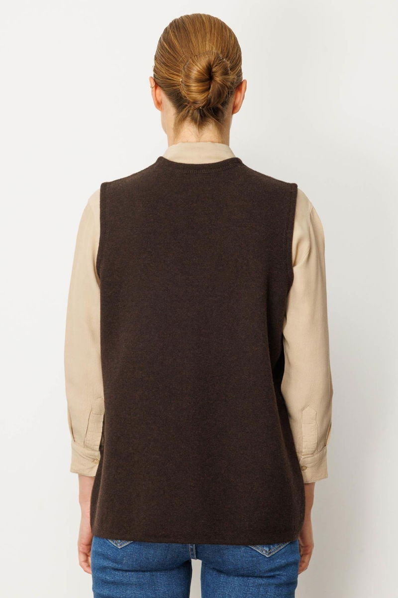 Desen Triko Kadın V Yaka Çelik Örgü Yün Anne Yelek 25044 Koyu Kahve - 4