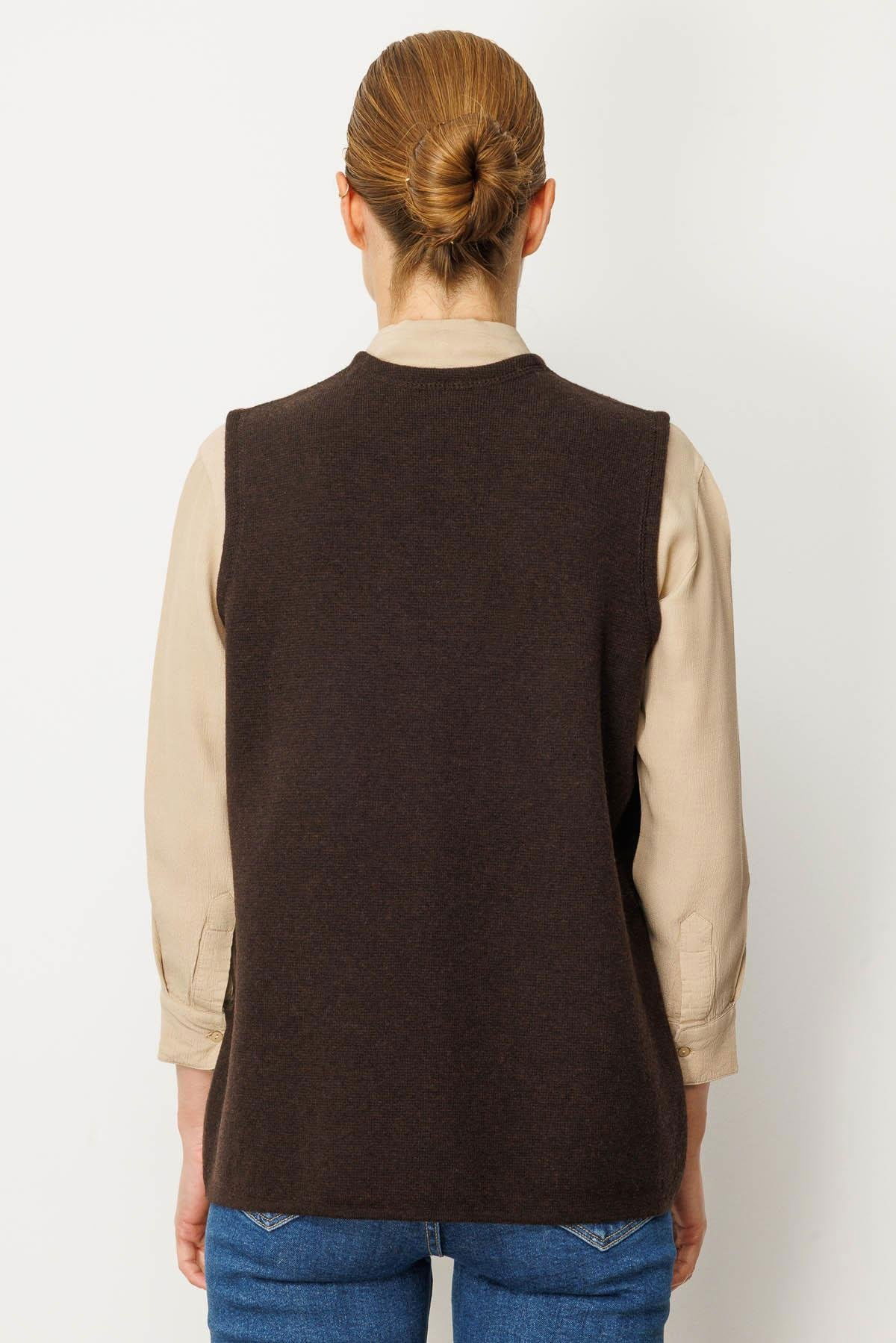 Desen Triko Kadın V Yaka Çelik Örgü Yün Anne Yelek 25044 Koyu Kahve - 4