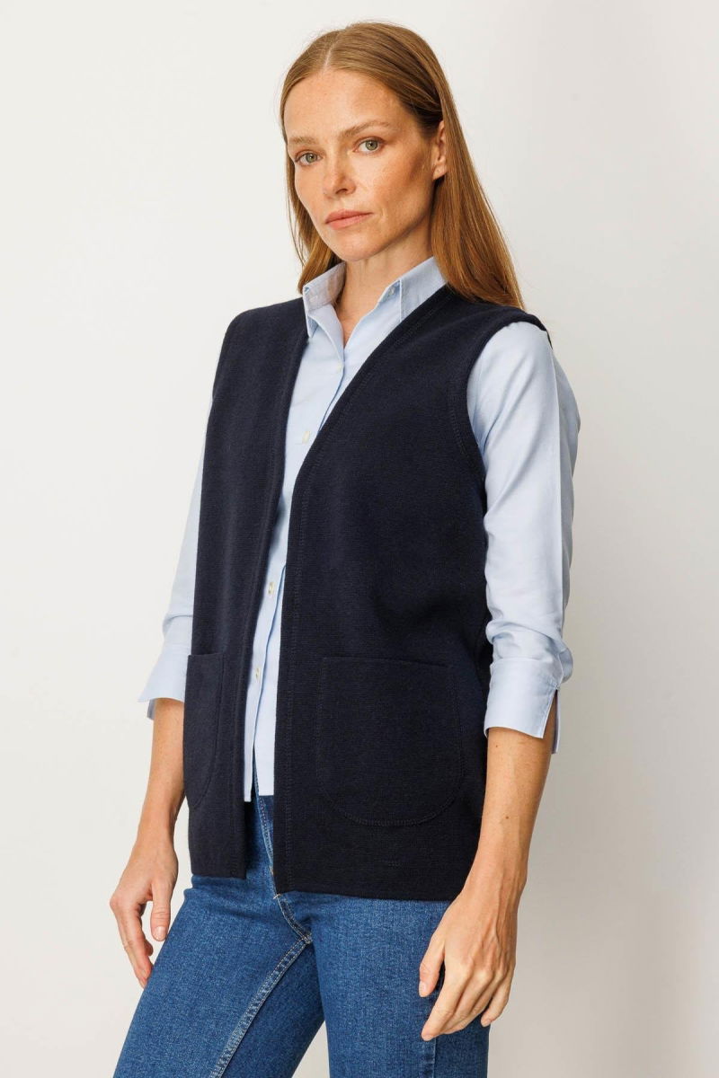 Desen Triko Kadın V Yaka Çelik Örgü Yün Anne Yelek 25044 Koyu Lacivert - Desen Triko